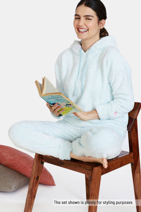 Zivame Fluffy Fur Knit Hoodie Sweatshirt - Baby Blue — image 4